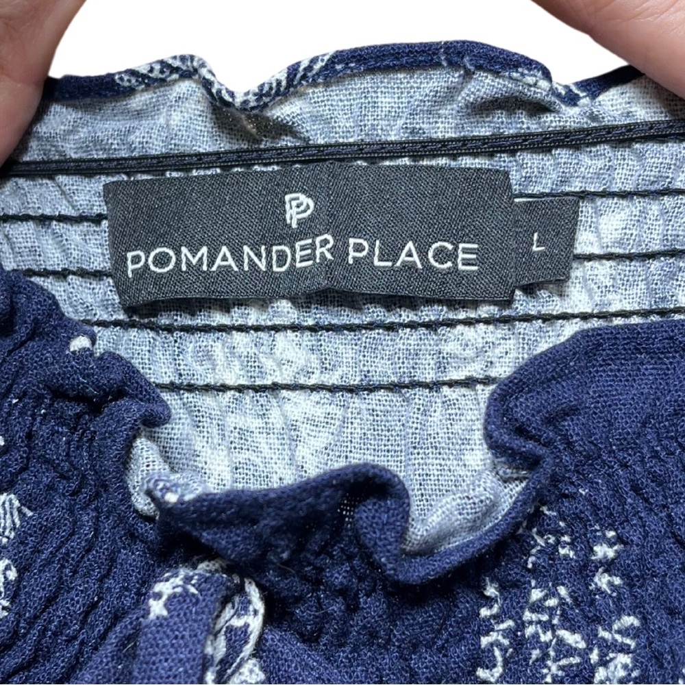 Pomander Place Tuckernuck Linen Blouse Large Quiet Luxury Ruffle Smocked Preppy - Picture 3 of 4